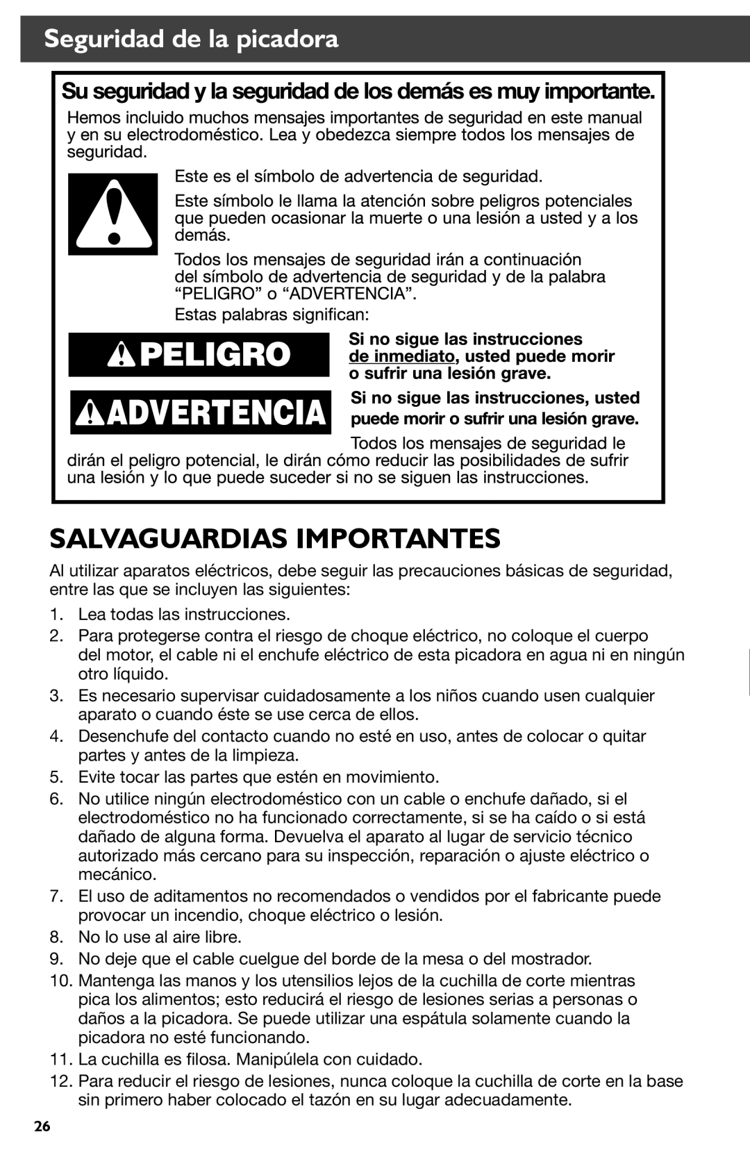 KitchenAid KFC3511 manual Salvaguardias Importantes, Seguridad de la picadora 