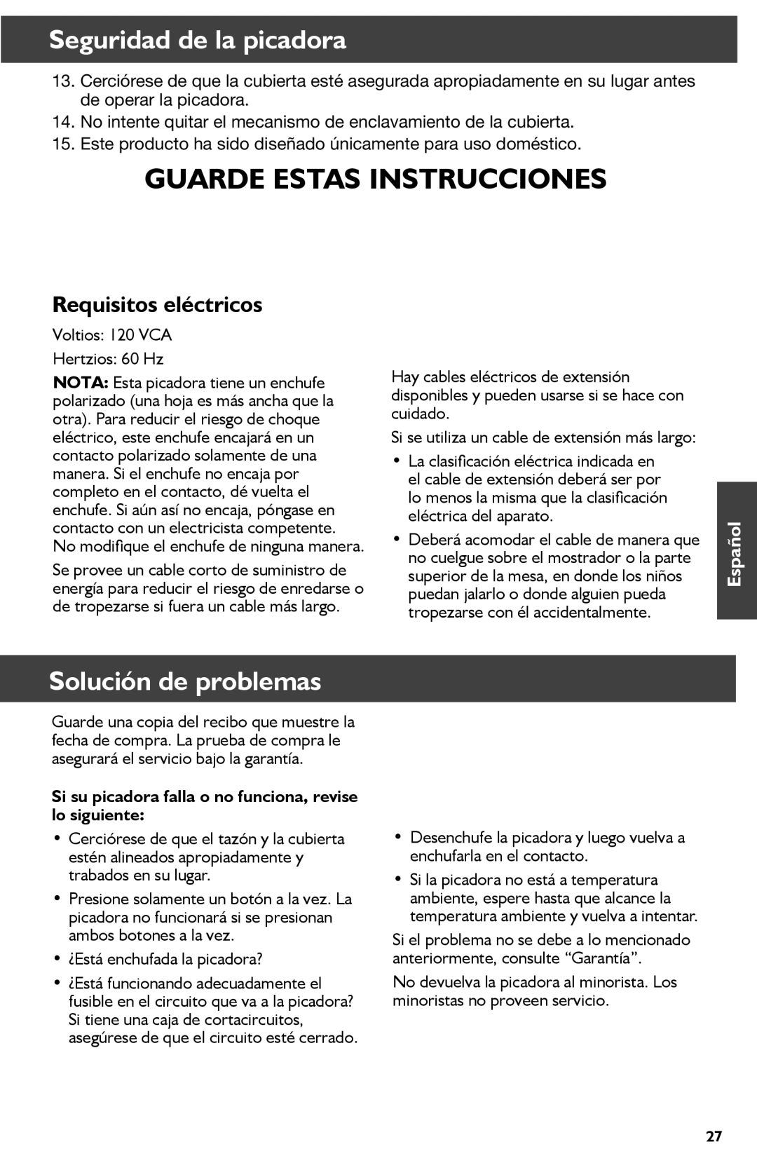 KitchenAid KFC3511 manual Solución de problemas, Requisitos eléctricos, Voltios 120 VCA Hertzios 60 Hz 