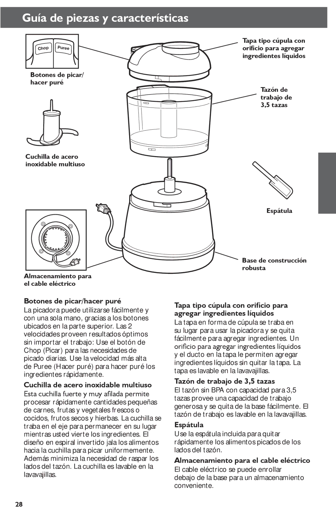 KitchenAid KFC3511 Guía de piezas y características, Botones de picar/hacer puré, Cuchilla de acero inoxidable multiuso 