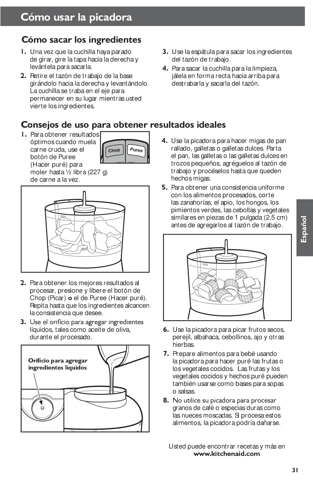 KitchenAid KFC3511 Cómo usar la picadora, Cómo sacar los ingredientes, Consejos de uso para obtener resultados ideales 