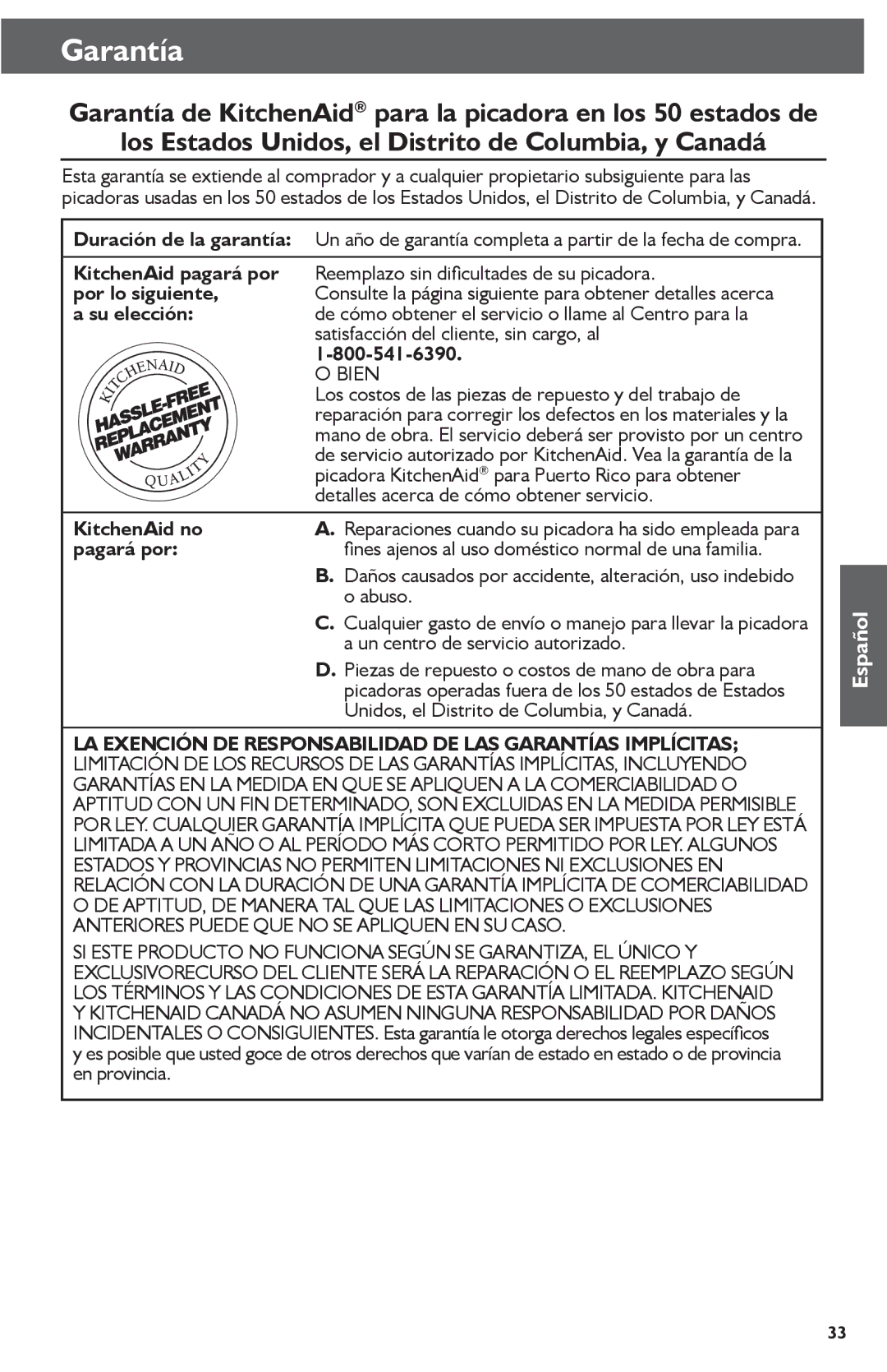 KitchenAid KFC3511 manual Garantía, Los Estados Unidos, el Distrito de Columbia, y Canadá 