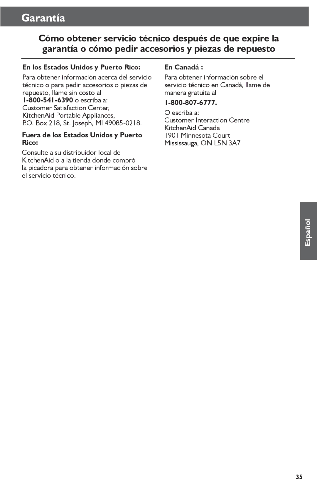 KitchenAid KFC3511 manual En los Estados Unidos y Puerto Rico, Fuera de los Estados Unidos y Puerto Rico, En Canadá 