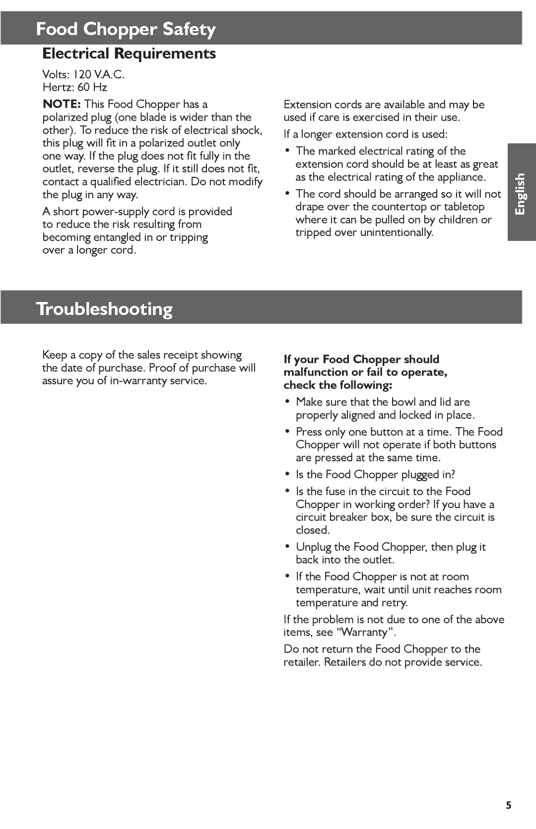 KitchenAid KFC3511 manual Troubleshooting, Electrical Requirements, If a longer extension cord is used 