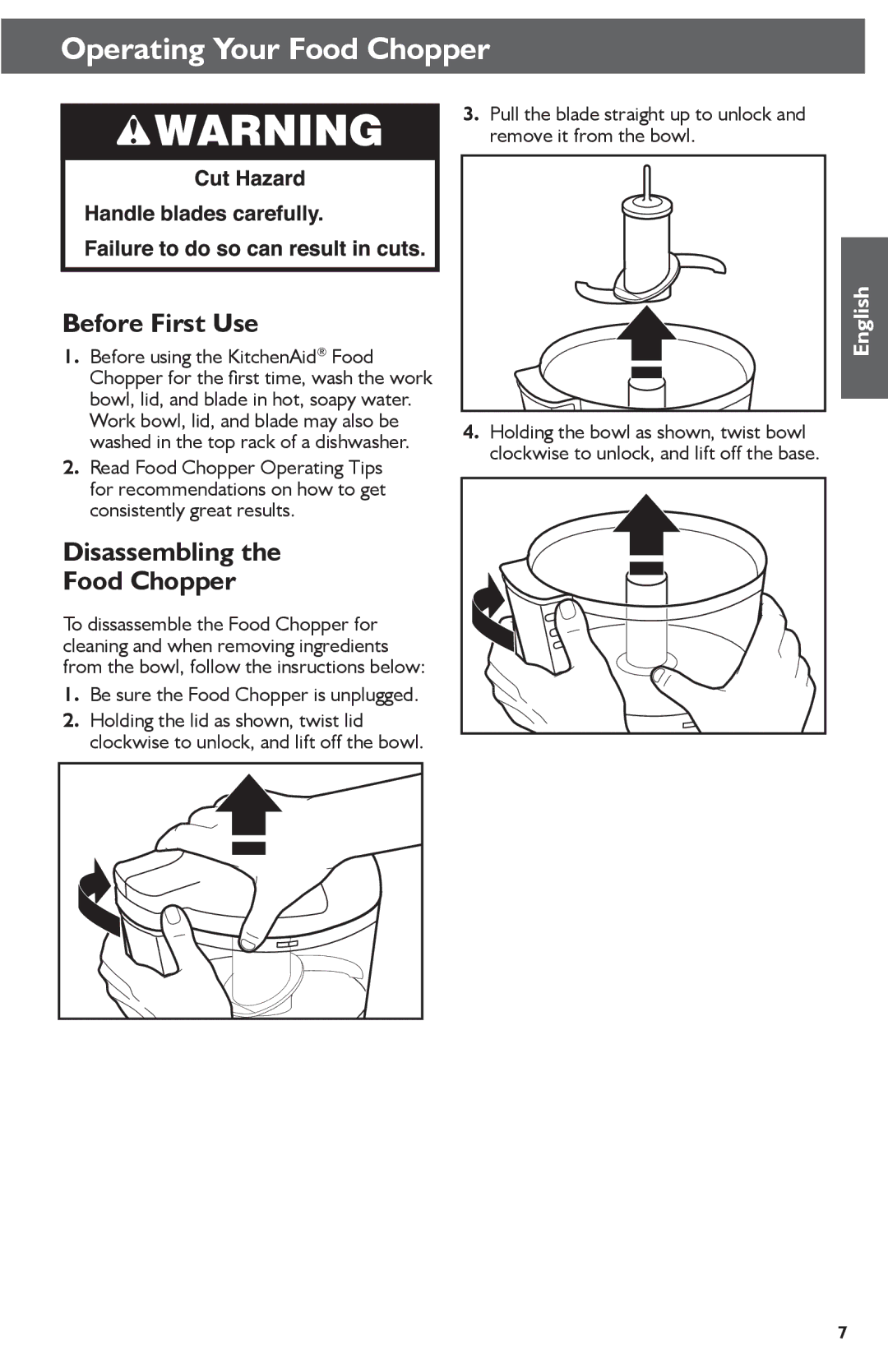 KitchenAid KFC3511 manual Operating Your Food Chopper, Before First Use, Disassembling Food Chopper 