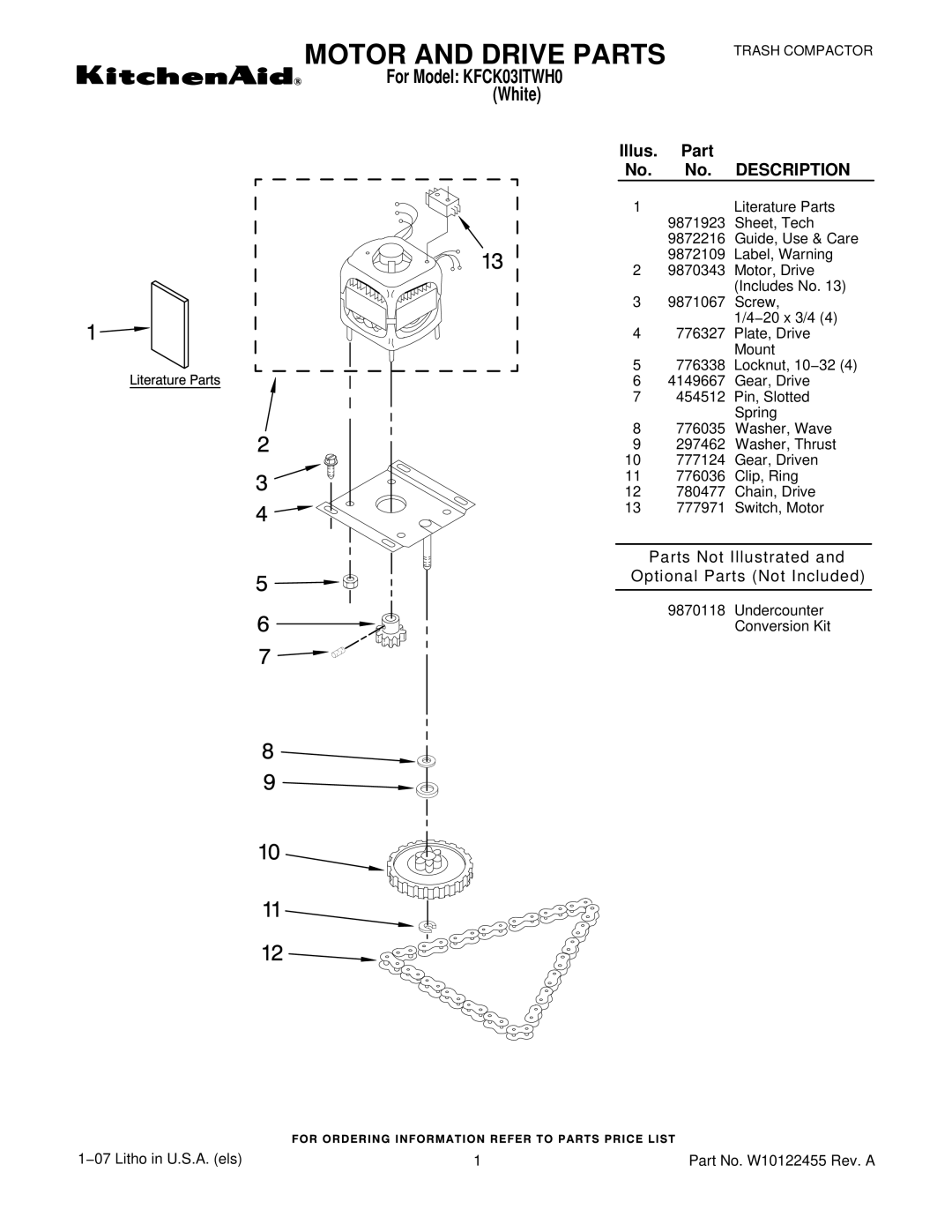 KitchenAid KFCK03ITWH0 manual Motor and Drive Parts, Illus. Part No. No. Description 