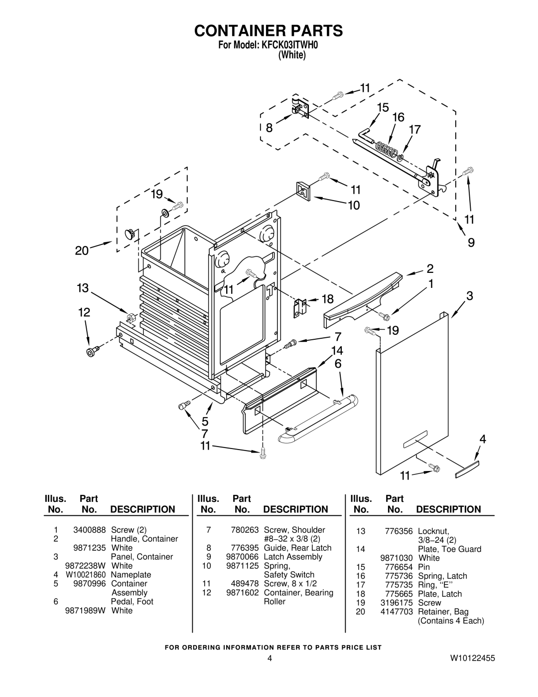 KitchenAid KFCK03ITWH0 manual Container Parts 