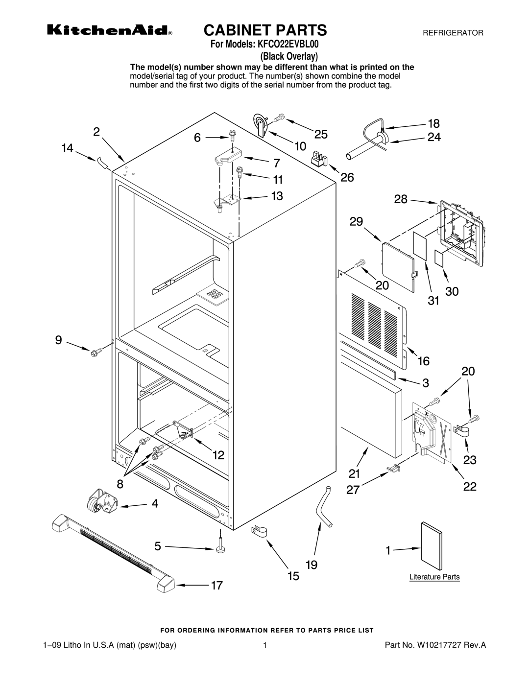 KitchenAid KFCO22EVBL00 manual Cabinet Parts 