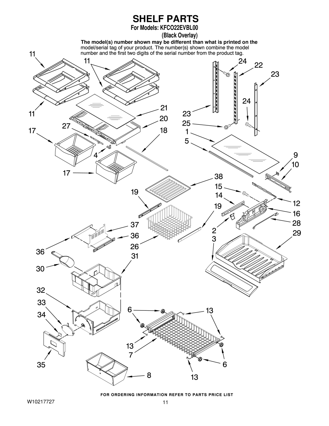 KitchenAid KFCO22EVBL00 manual Shelf Parts 