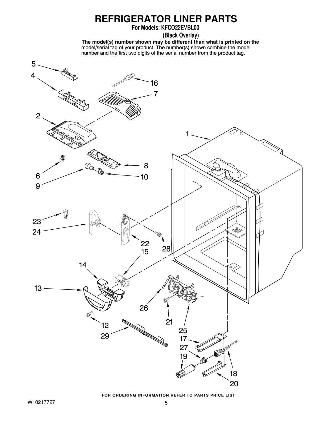 KitchenAid KFCO22EVBL00 manual Refrigerator Liner Parts 