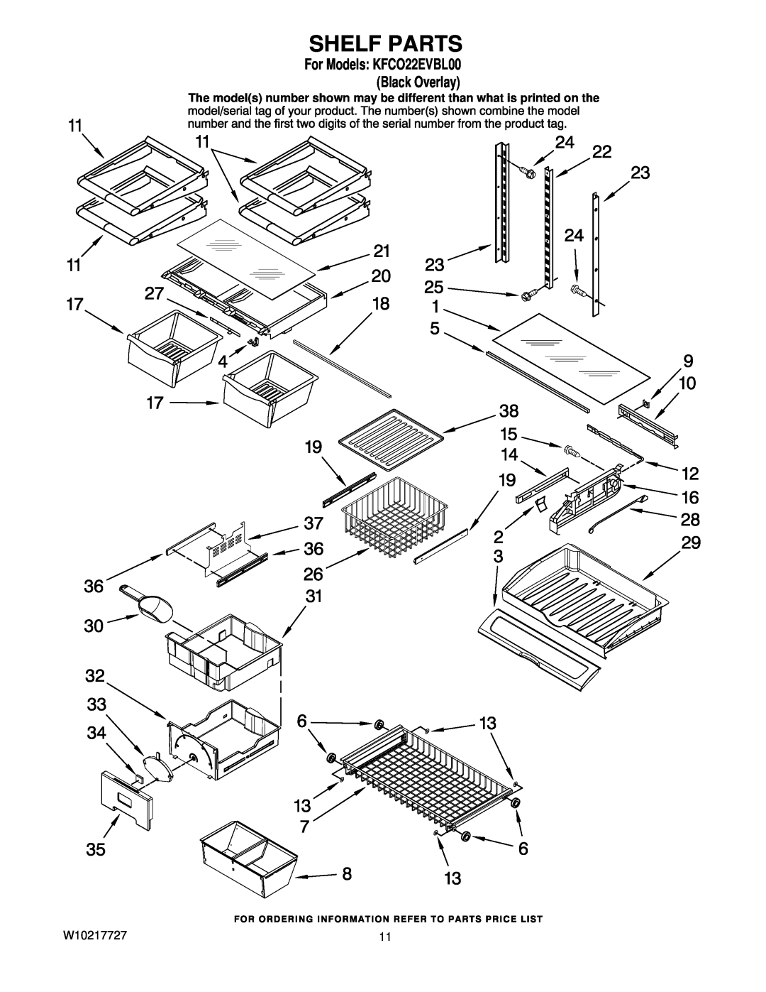 KitchenAid manual Shelf Parts, For Models KFCO22EVBL00 Black Overlay 