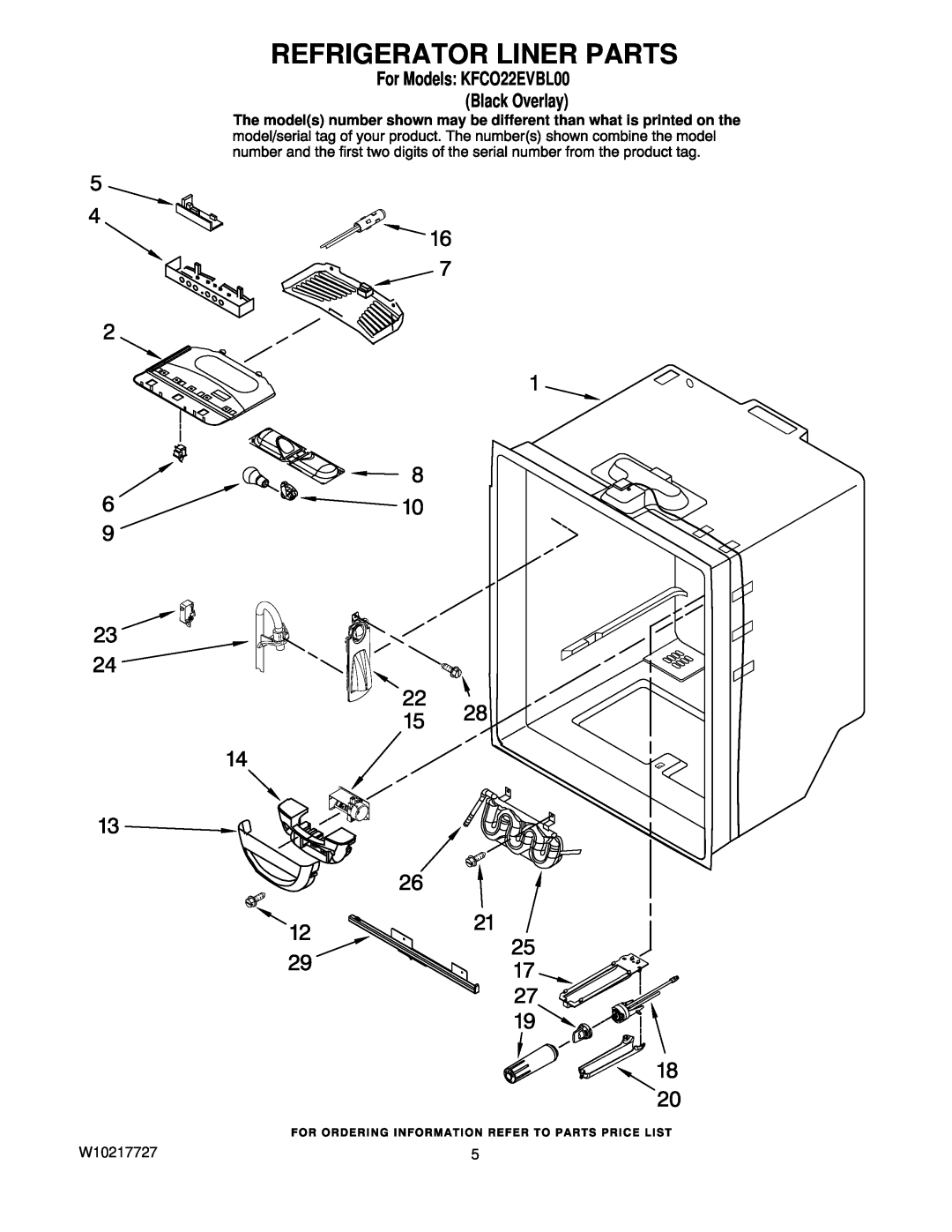 KitchenAid manual Refrigerator Liner Parts, For Models KFCO22EVBL00 Black Overlay 