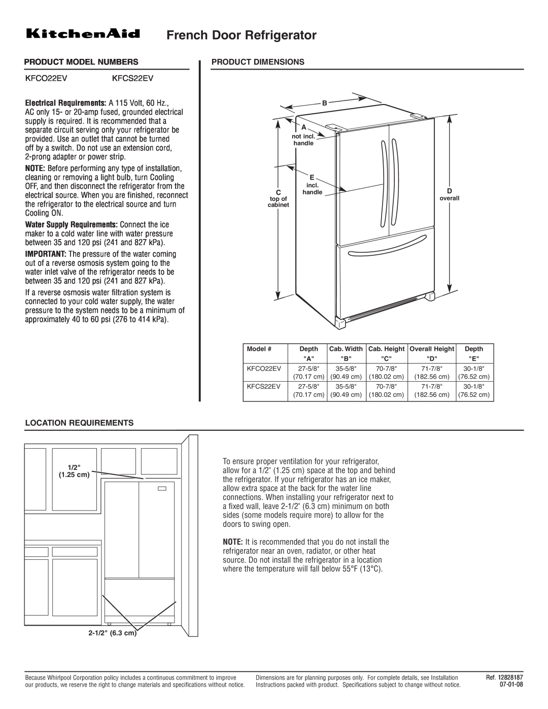 KitchenAid dimensions French Door Refrigerator, Product Model Numbers, KFCO22EVKFCS22EV, Product Dimensions 
