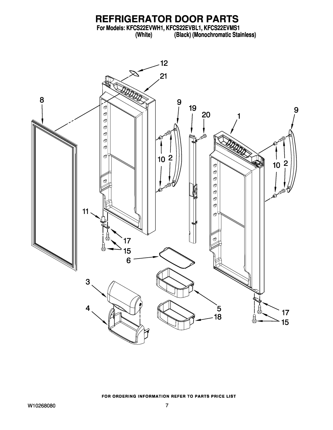 KitchenAid manual Refrigerator Door Parts, For Models KFCS22EVWH1, KFCS22EVBL1, KFCS22EVMS1, White 