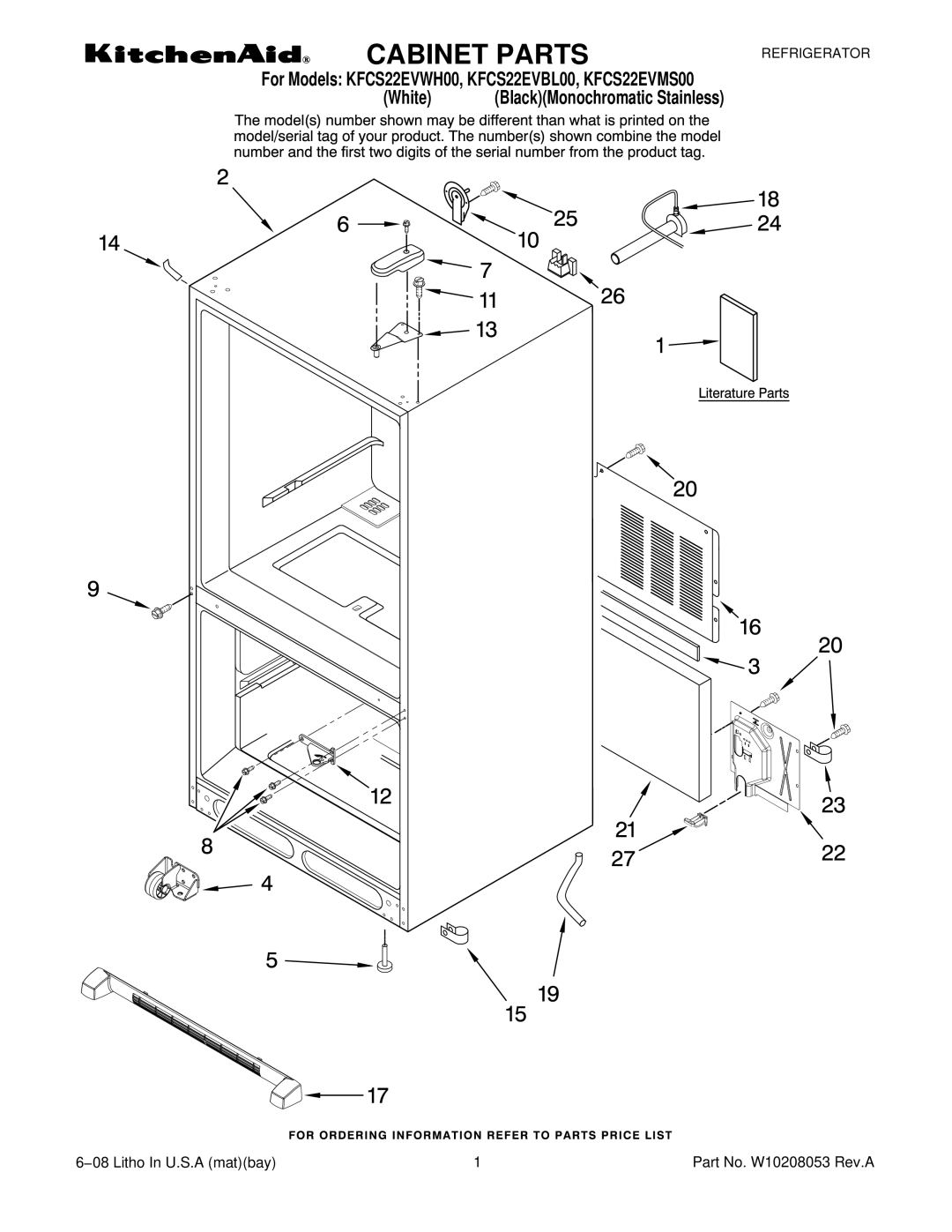 KitchenAid KFCS22EVBL00, KFCS22EVMS00, KFCS22EVWH00 manual Cabinet Parts 