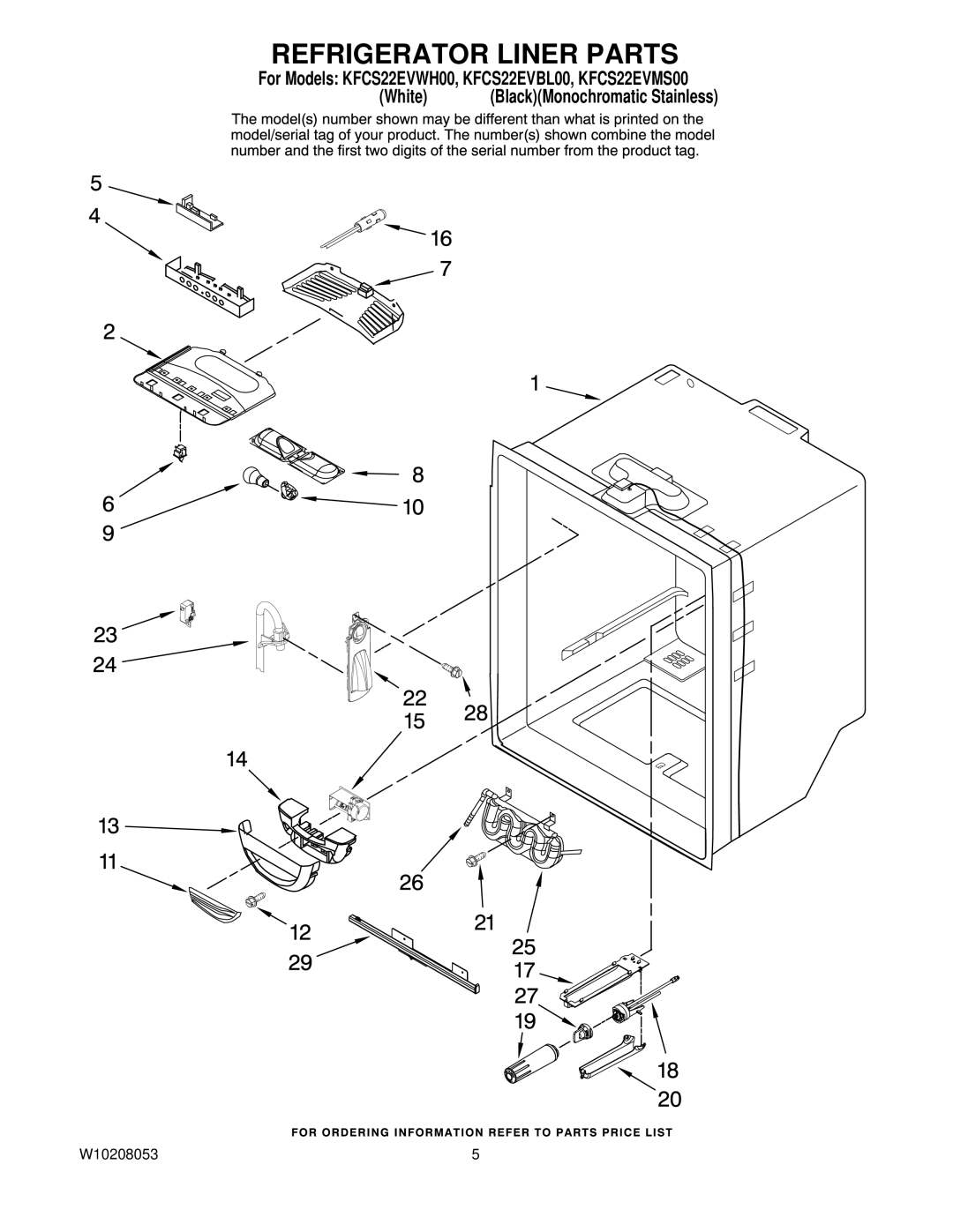 KitchenAid KFCS22EVWH00, KFCS22EVMS00, KFCS22EVBL00 manual Refrigerator Liner Parts 