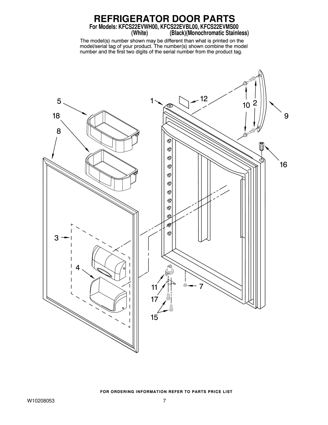 KitchenAid KFCS22EVBL00, KFCS22EVMS00, KFCS22EVWH00 manual Refrigerator Door Parts 