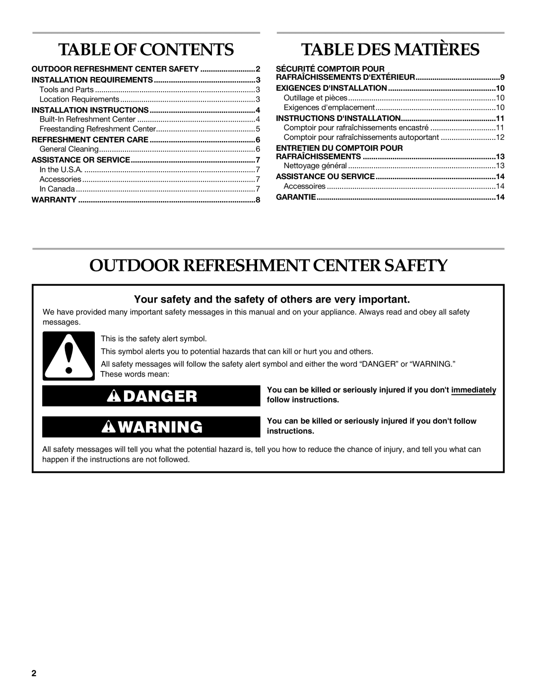 KitchenAid KBFU271, KFFU271TSS Table of Contents Table DES Matières, Outdoor Refreshment Center Safety 