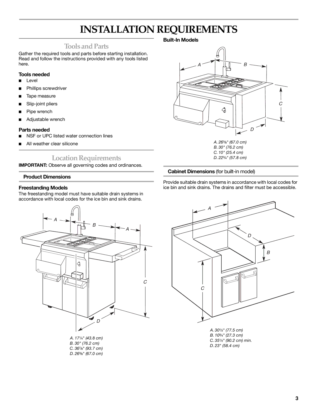 KitchenAid KFFU271TSS, KBFU271 installation instructions Installation Requirements, Toolsand Parts, Location Requirements 