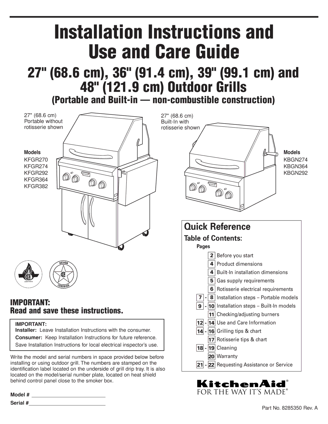 KitchenAid KFGR274, KFGR382, KFGR292, KFGR364, KFGR270 installation instructions Installation Instructions Use and Care Guide 