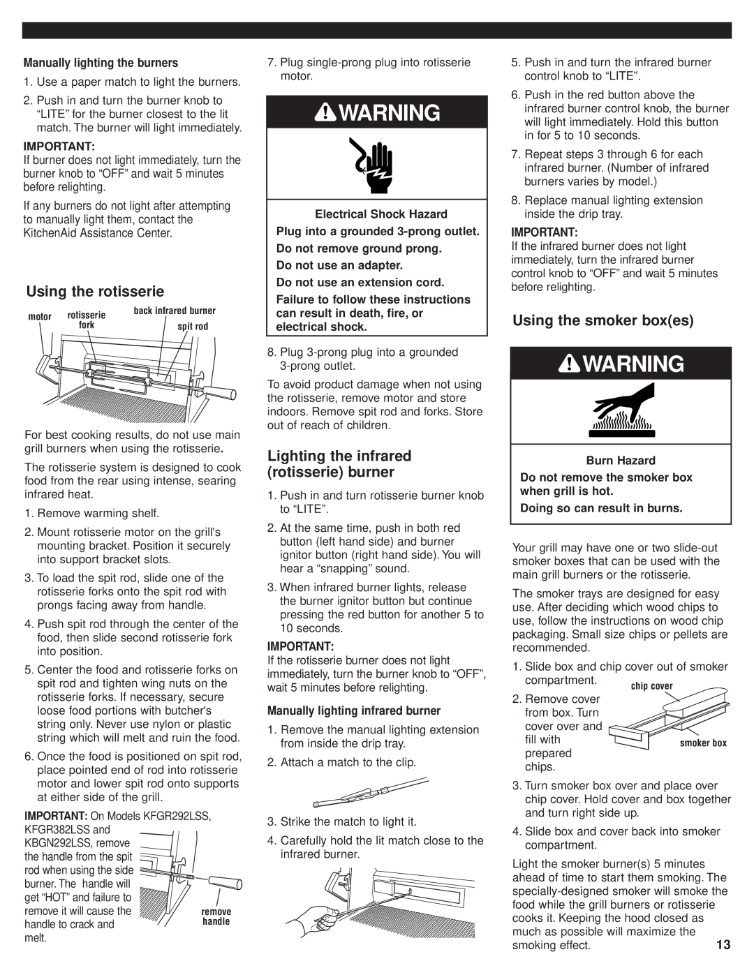 KitchenAid KBGN292, KFGR382, KFGR274 Using the rotisserie, Lighting the infrared rotisserie burner, Using the smoker boxes 
