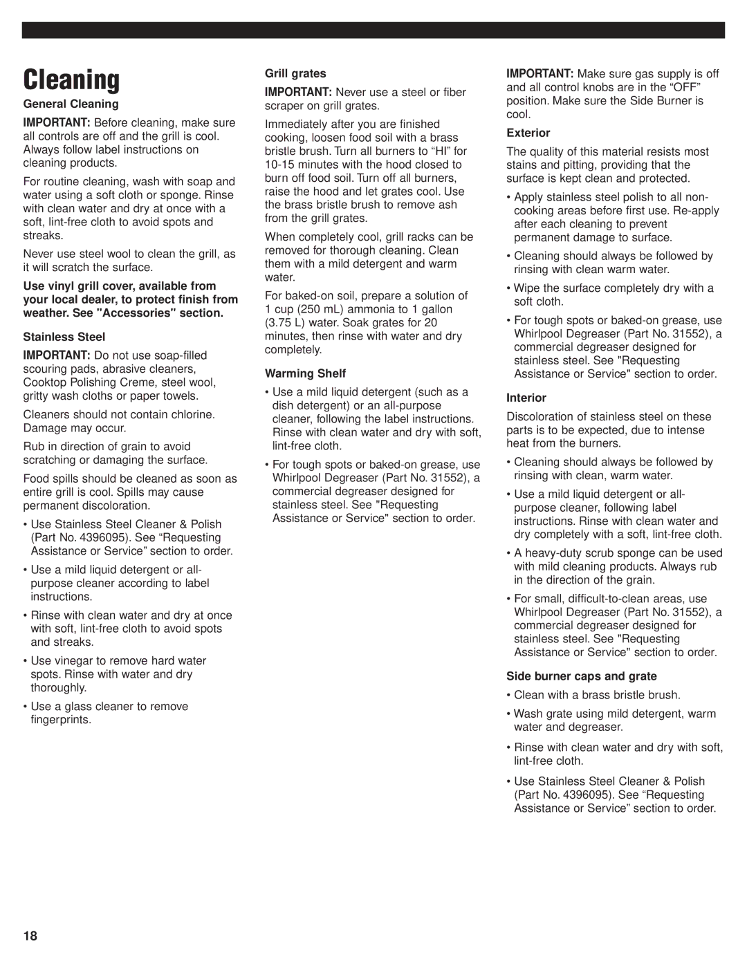 KitchenAid KFGR292, KFGR382, KFGR274, KFGR364, KFGR270, KBGN292, KBGN364, KBGN274 installation instructions Cleaning 