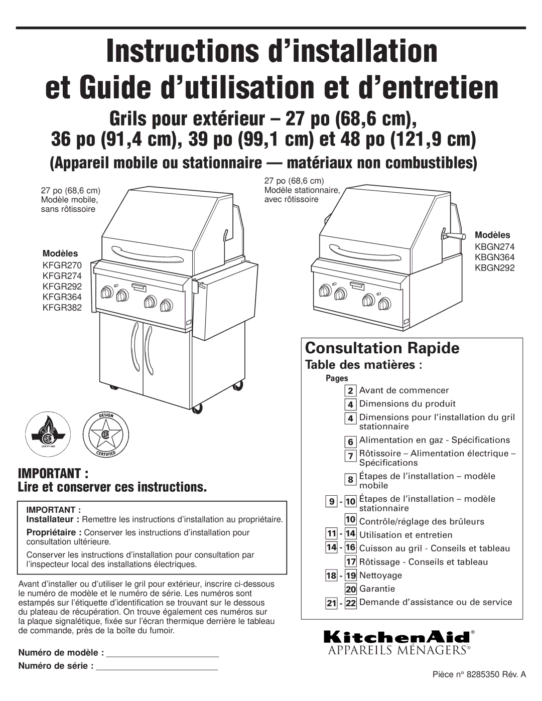 KitchenAid KFGR274 Lire et conserver ces instructions, 27 po 68,6 cm, Modèle mobile Avec rôtissoire Sans rôtissoire 