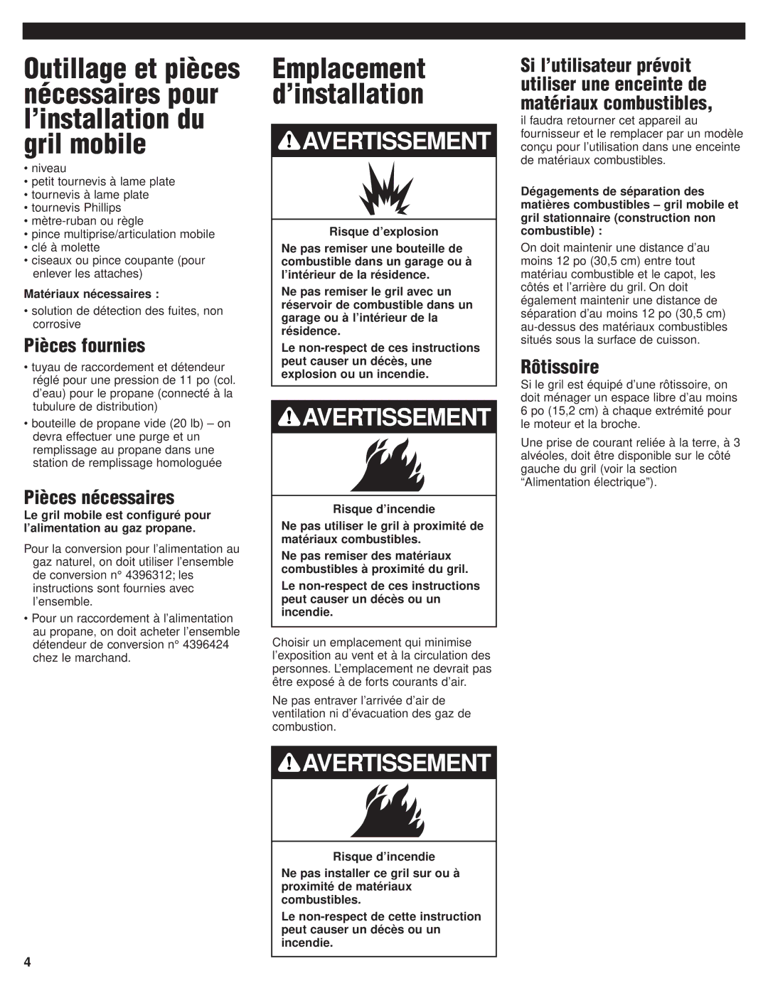 KitchenAid KFGR270, KFGR382, KFGR274, KFGR292, KFGR364, KBGN292, KBGN364, KBGN274 installation instructions Rôtissoire 