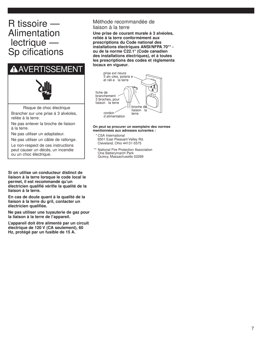 KitchenAid KBGN274, KFGR382 Rôtissoire Alimentation électrique Spécifications, Méthode recommandée de liaison à la terre 