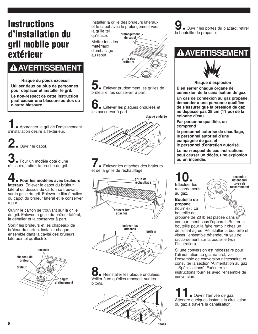 KitchenAid KFGR382 Instructions d’installation du gril mobile pour extérieur, Risque du poids excessif, Risque d’explosion 