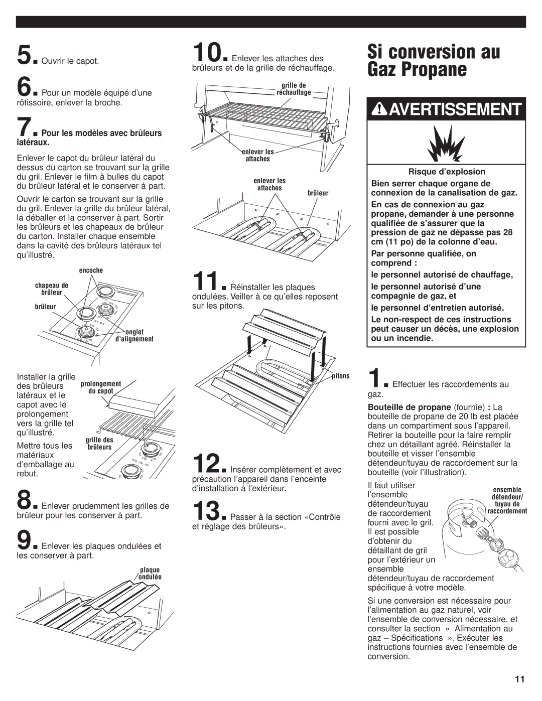 KitchenAid KFGR364, KFGR382, KFGR274, KFGR292, KFGR270 Si conversion au Gaz Propane, Pour les modèles avec brûleurs latéraux 