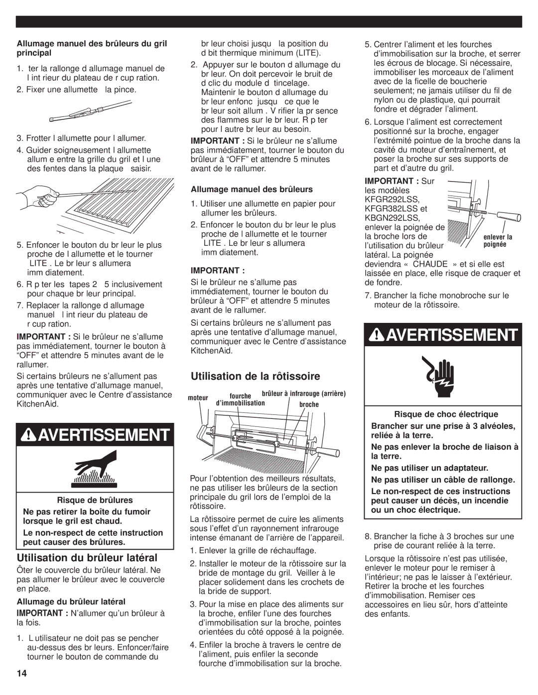 KitchenAid KBGN364, KFGR382 Utilisation de la rôtissoire, Utilisation du brûleur latéral, Allumage manuel des brûleurs 