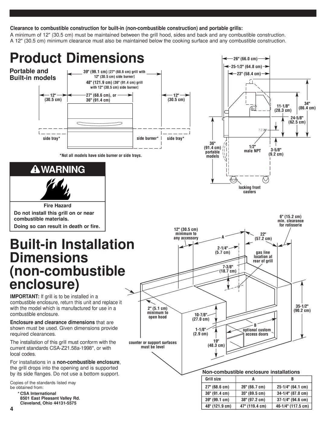 KitchenAid KFGR270, KFGR382, KFGR274, KFGR292, KFGR364 Portable, Built-in models, Non-combustible enclosure installations 