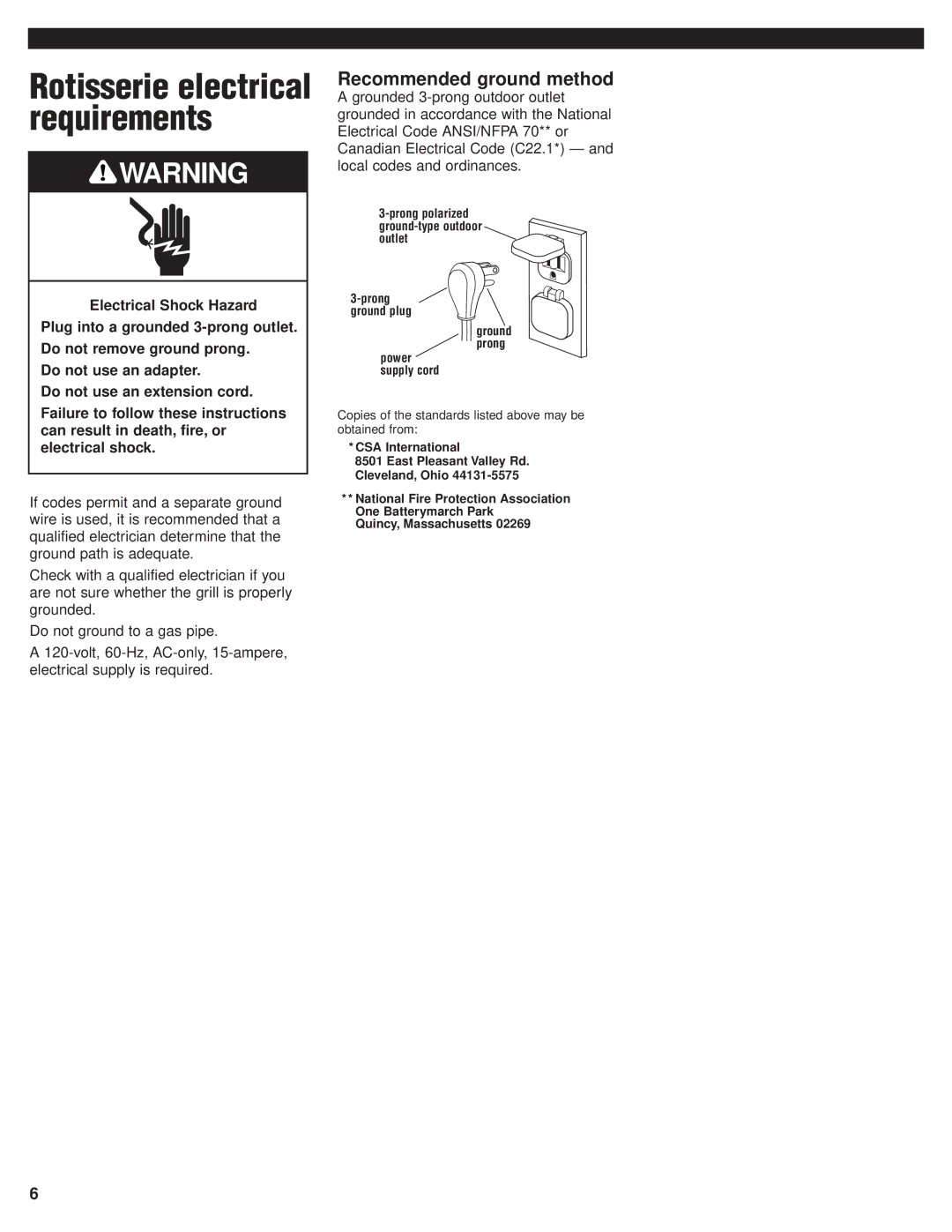 KitchenAid KBGN364, KFGR382, KFGR274, KFGR292, KFGR364, KFGR270 Rotisserie electrical requirements, Recommended ground method 