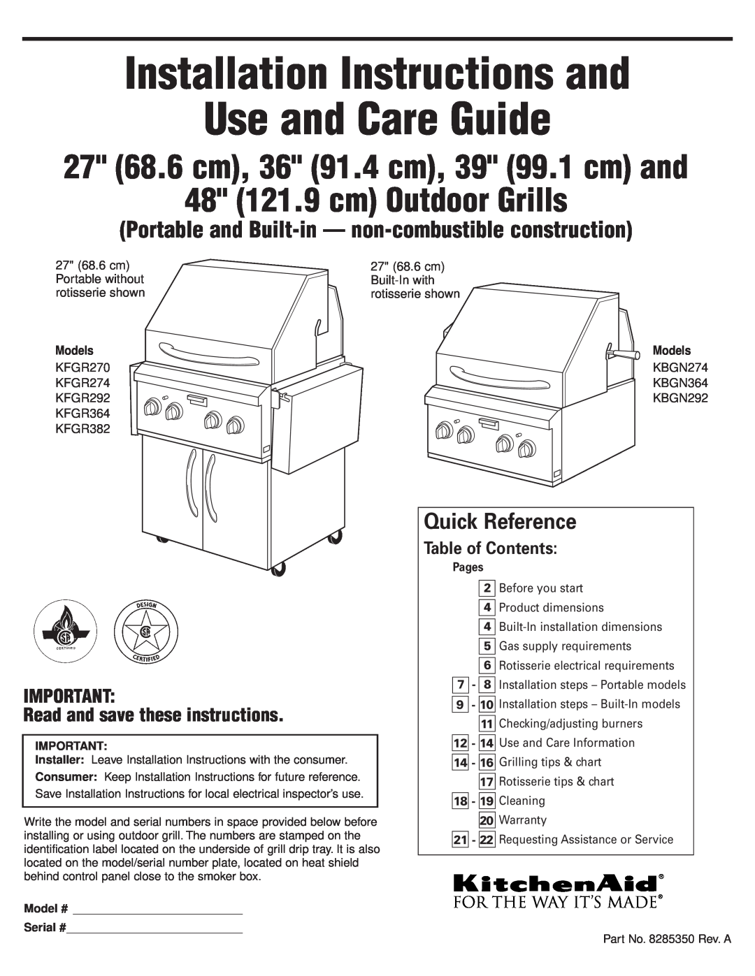 KitchenAid KFGR274 installation instructions Installation Instructions and Use and Care Guide, 48 121.9 cm Outdoor Grills 