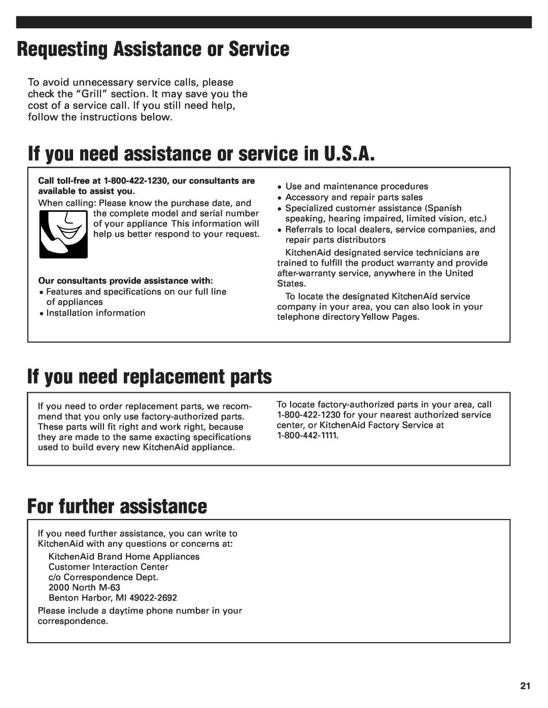 KitchenAid KBGN292 Requesting Assistance or Service, If you need assistance or service in U.S.A, For further assistance 