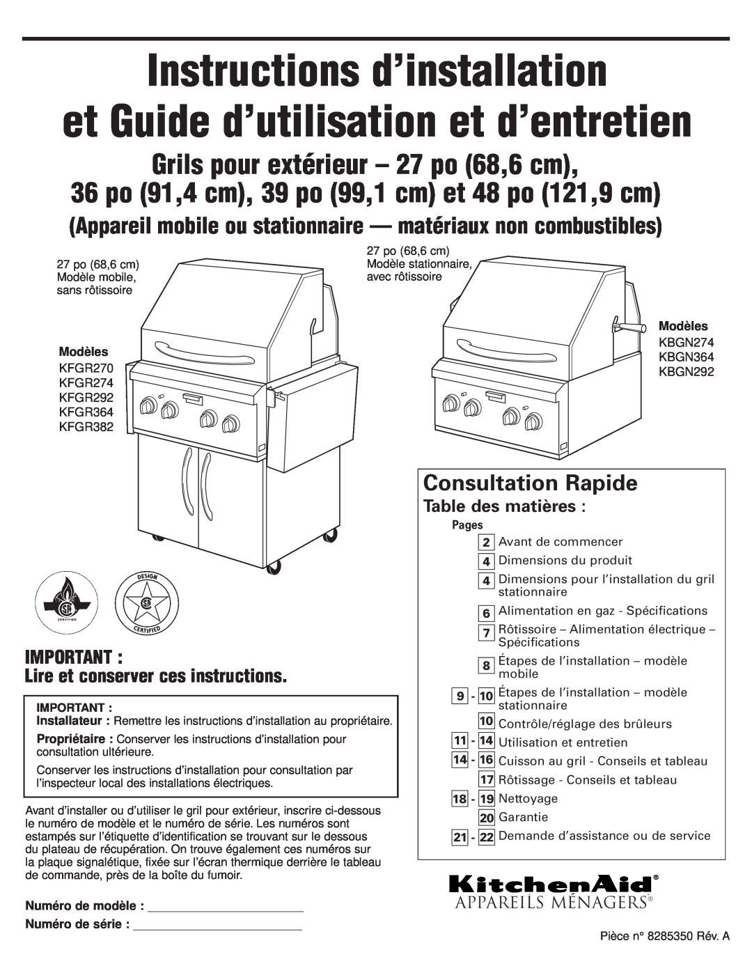 KitchenAid KFGR274 Instructions d’installation, Grils pour extérieur - 27 po 68,6 cm, Consultation Rapide, Modèles, Pages 
