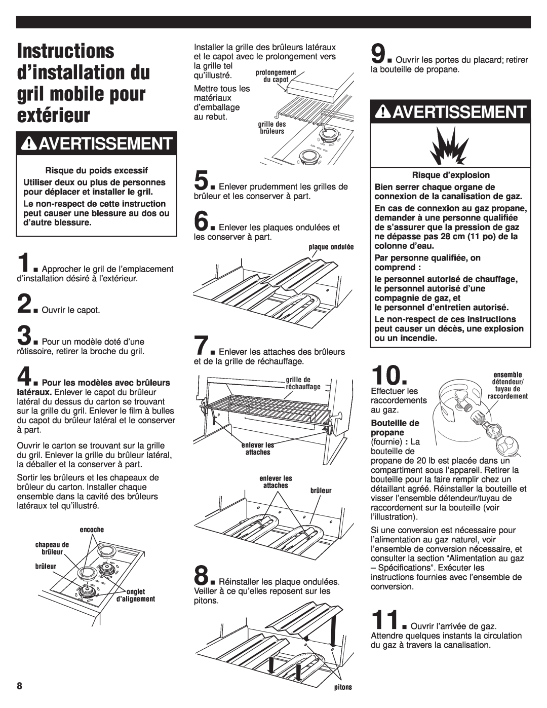 KitchenAid KFGR382 Instructions d’installation du gril mobile pour extérieur, Risque du poids excessif, Effectuer les 