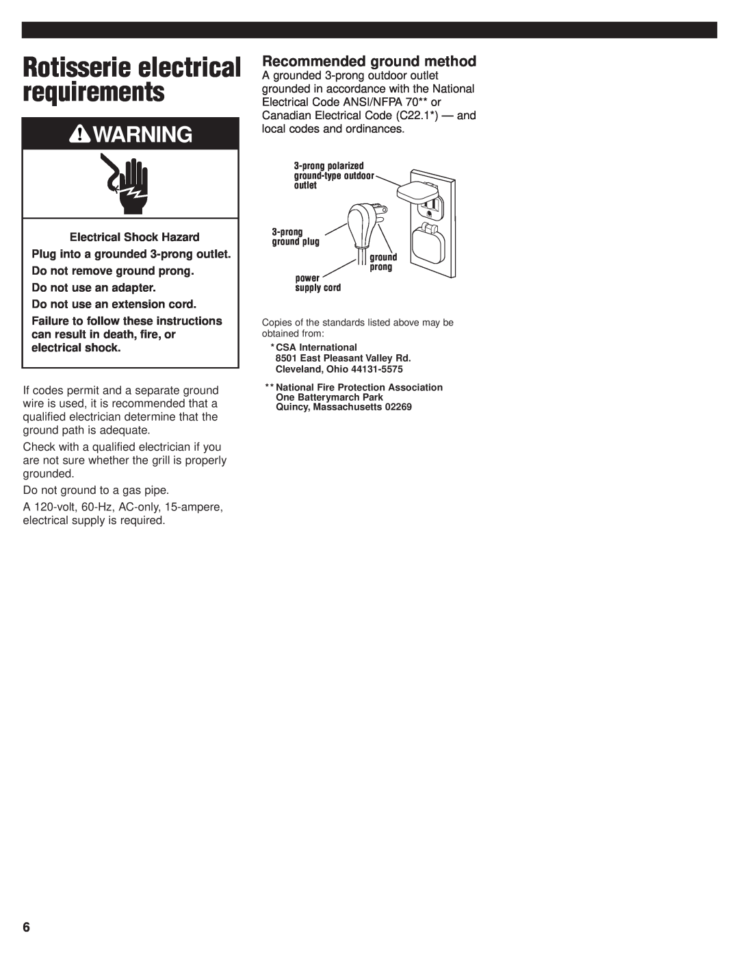 KitchenAid KBGN364, KFGR382 Rotisserie electrical requirements, Recommended ground method, Do not use an extension cord 