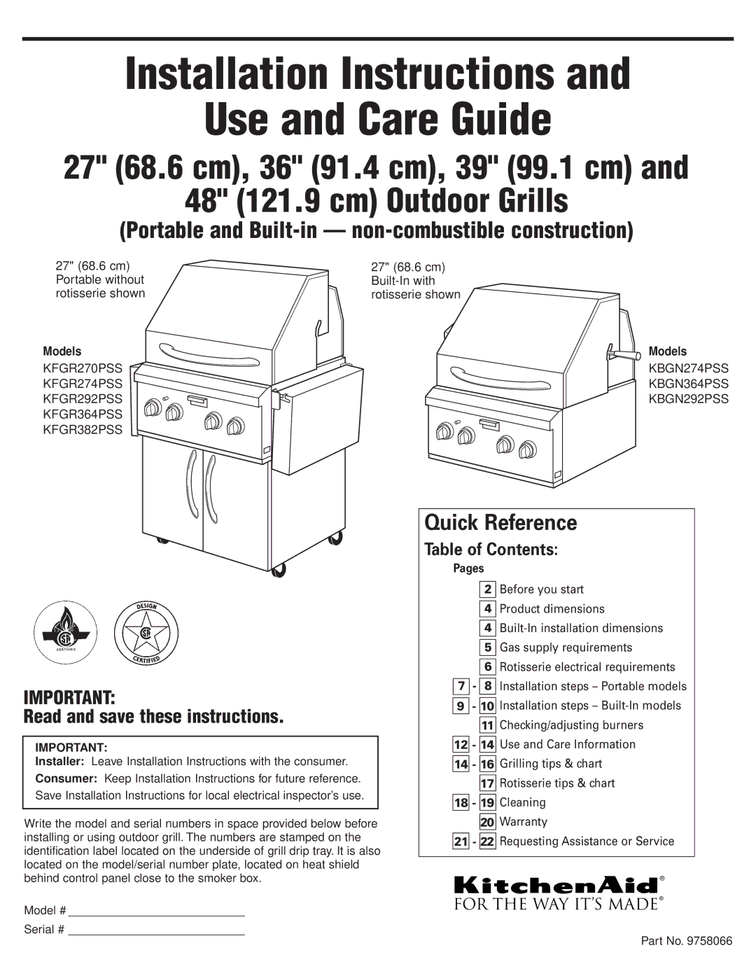 KitchenAid KFGR364PSS, KFGR382PSS, KFGR292PSS installation instructions Installation Instructions Use and Care Guide 