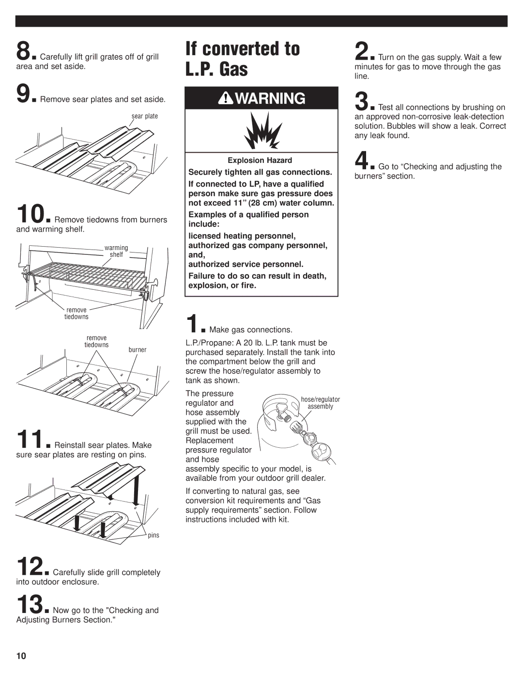 KitchenAid KFGR274PSS, KFGR382PSS, KFGR364PSS If converted to Gas, Remove tiedowns from burners and warming shelf 