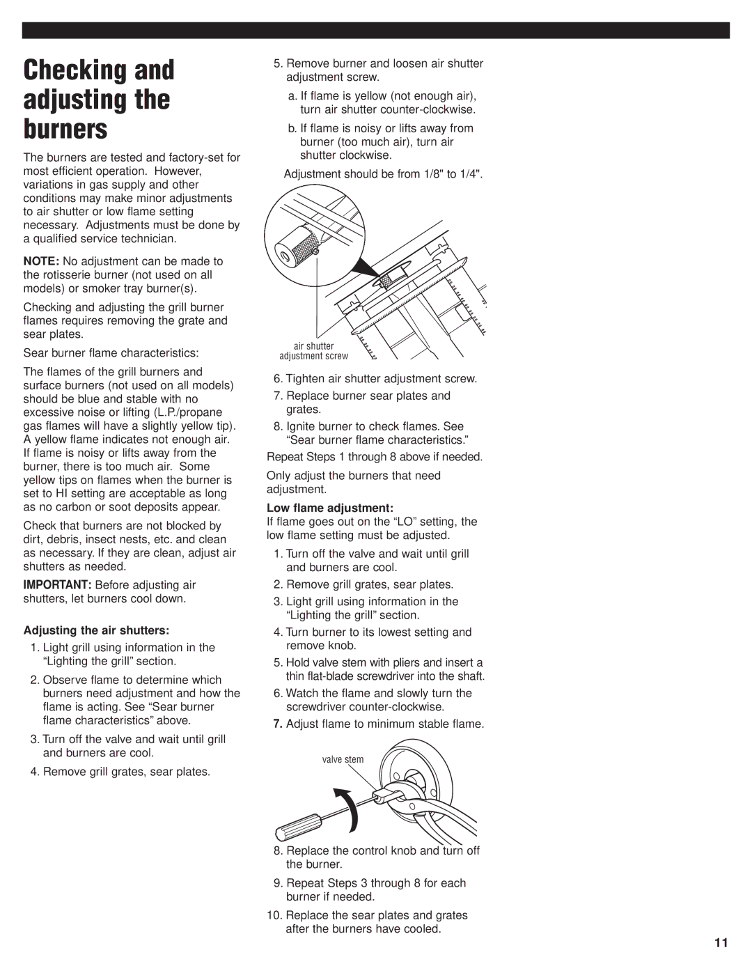 KitchenAid KFGR270PSS, KFGR382PSS Checking and adjusting the burners, Adjusting the air shutters, Low flame adjustment 