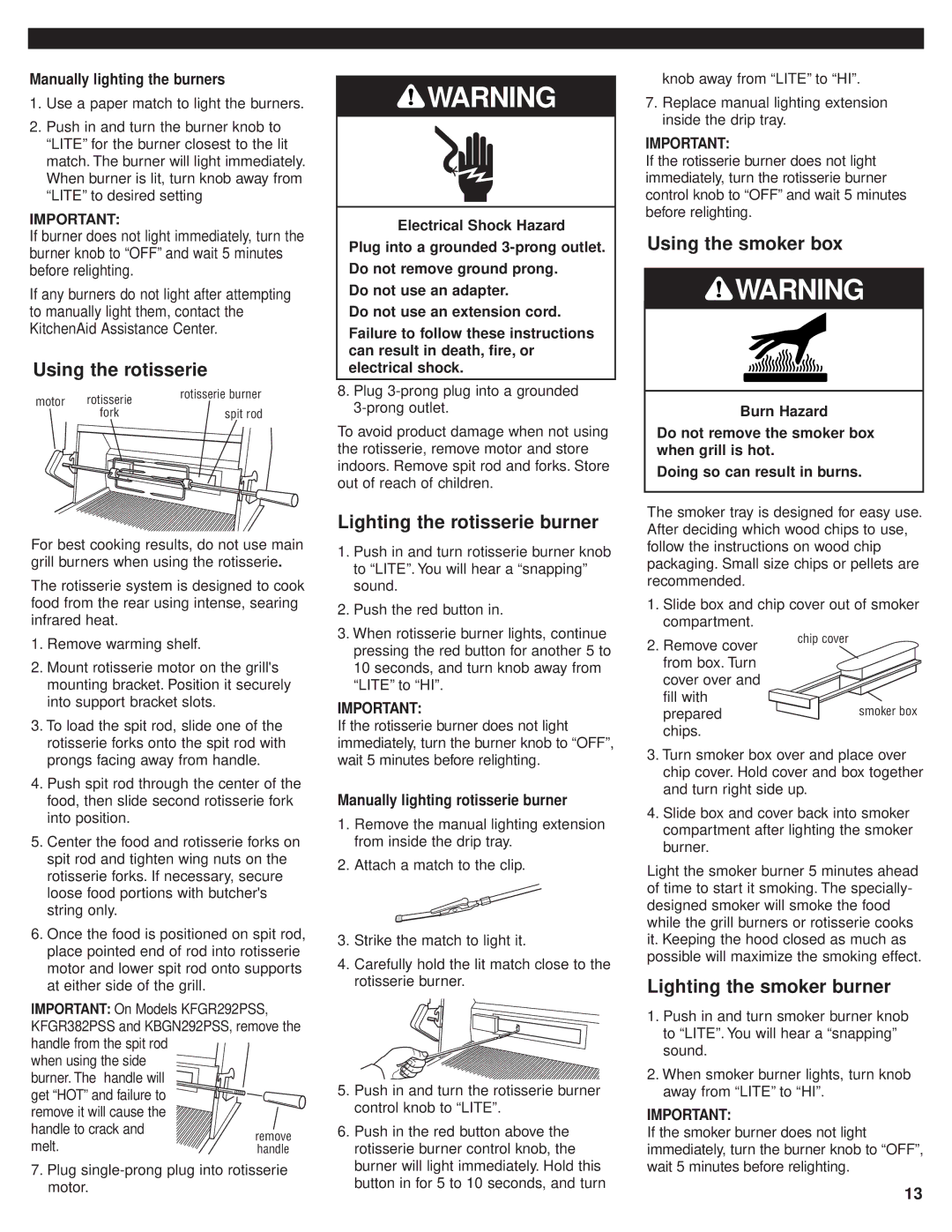 KitchenAid KBGN274PSS, KFGR382PSS, KFGR364PSS Using the rotisserie, Lighting the rotisserie burner, Using the smoker box 