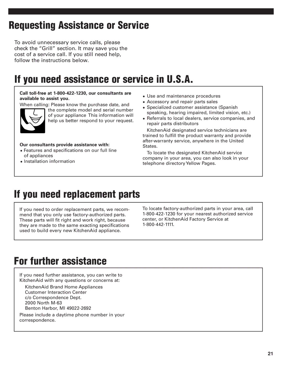 KitchenAid KFGR382PSS Requesting Assistance or Service, If you need assistance or service in U.S.A, For further assistance 