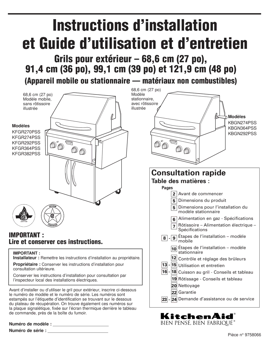 KitchenAid KFGR270PSS, KFGR382PSS, KFGR364PSS, KFGR292PSS, KFGR274PSS Lire et conserver ces instructions, Modèles, Pièce n 