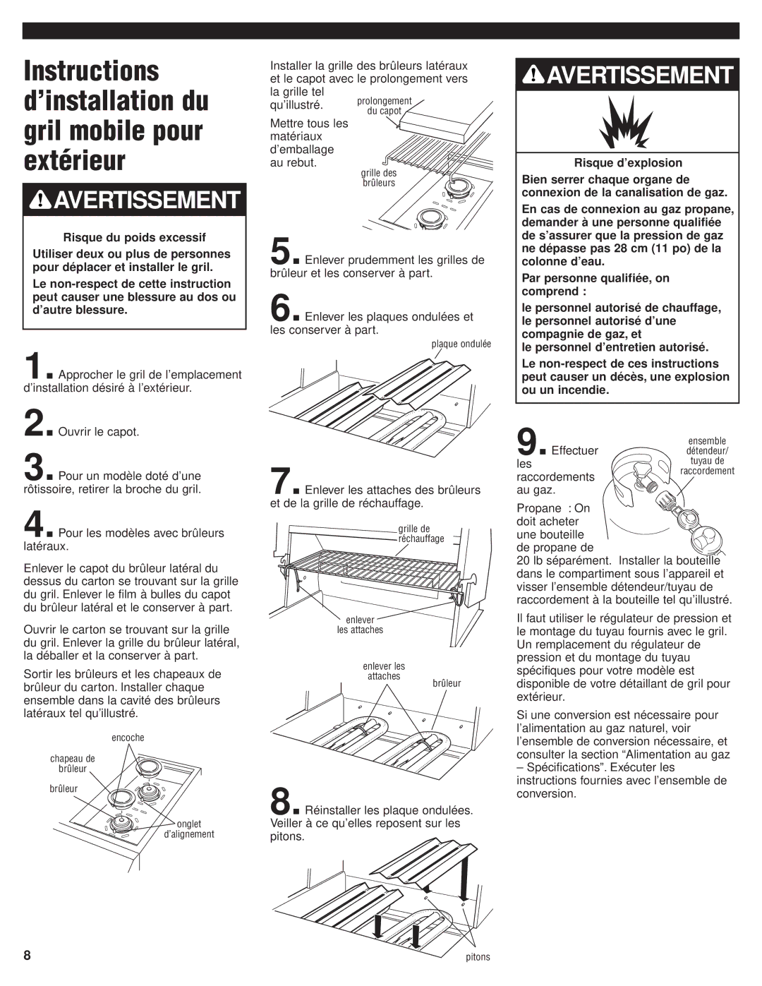 KitchenAid KFGR270PSS, KFGR382PSS Extérieur, Instructions d’installation du gril mobile pour, Risque du poids excessif 