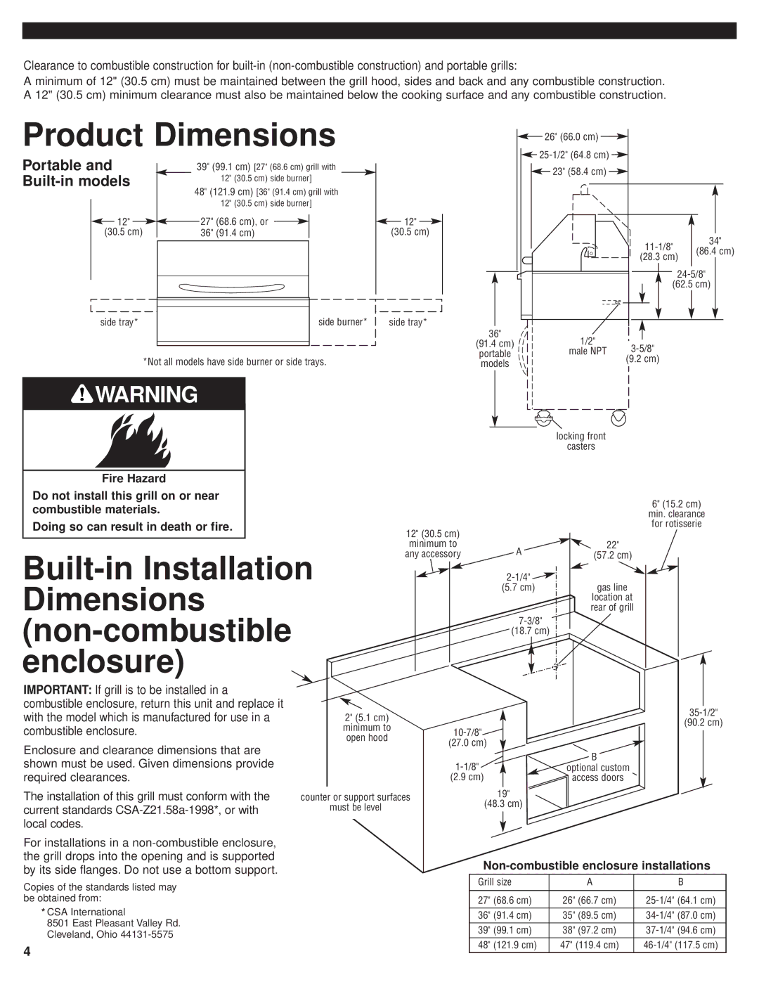 KitchenAid KFGR270PSS, KFGR382PSS, KFGR364PSS, KFGR292PSS Portable, Built-in models, Non-combustible enclosure installations 