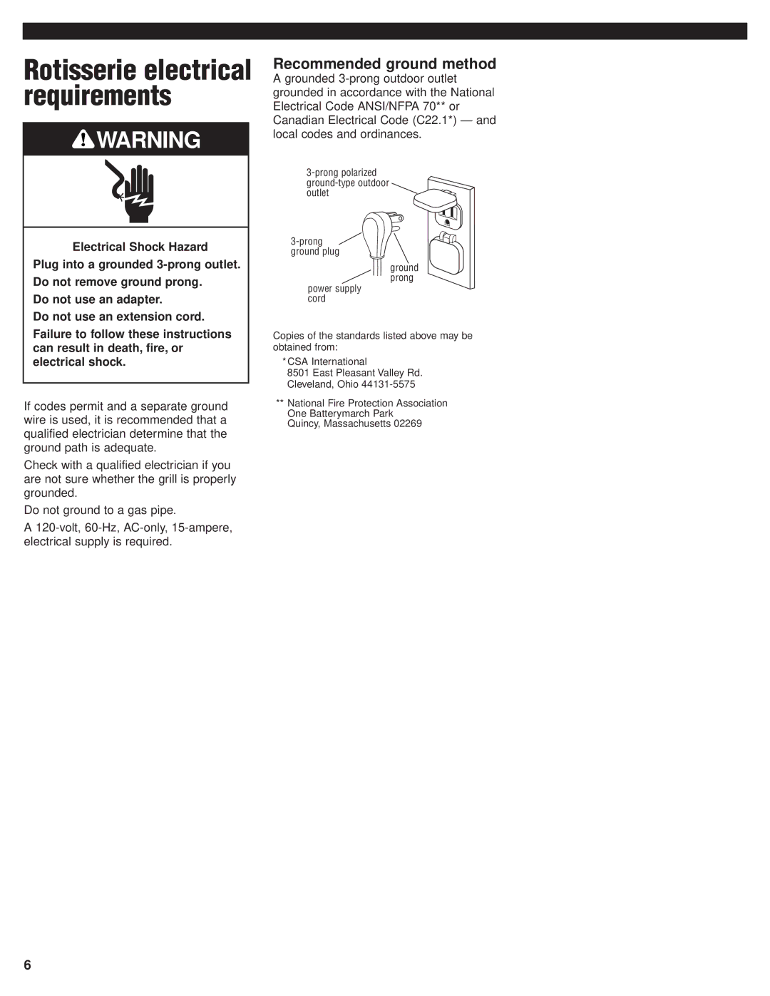 KitchenAid KBGN274PSS, KFGR382PSS, KFGR364PSS, KFGR292PSS Rotisserie electrical requirements, Recommended ground method 