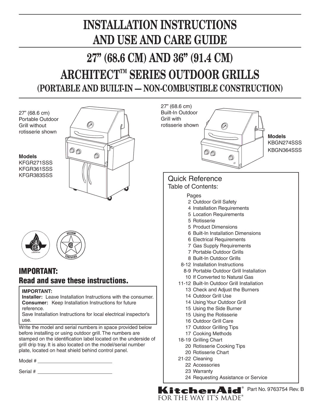 KitchenAid KFGR361SSS, KFGR383SSS, KFGR271SSS installation instructions Installation Instructions USE and Care Guide 