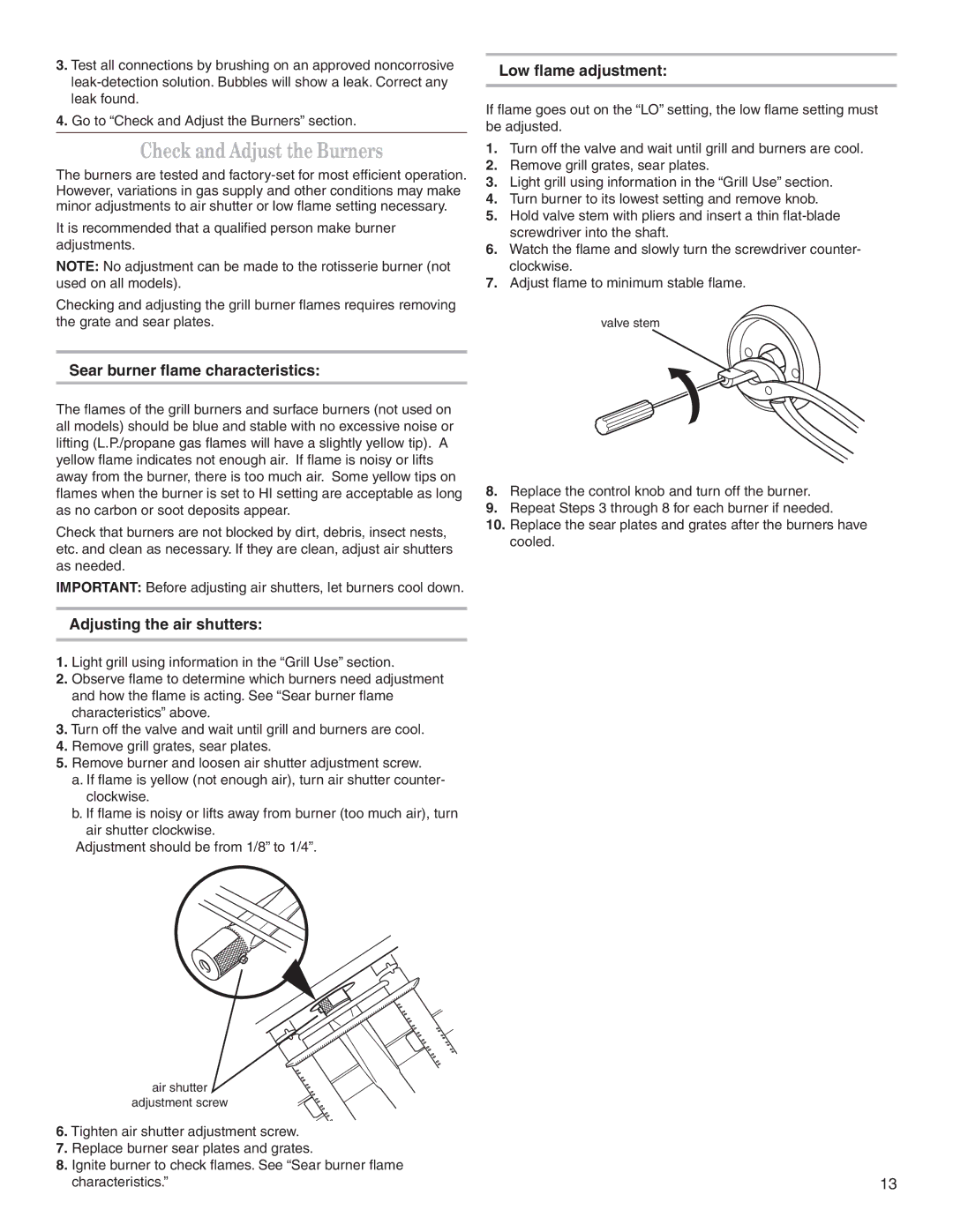 KitchenAid KFGR361SSS, KFGR383SSS Check and Adjust the Burners, Low ﬂame adjustment, Sear burner ﬂame characteristics 