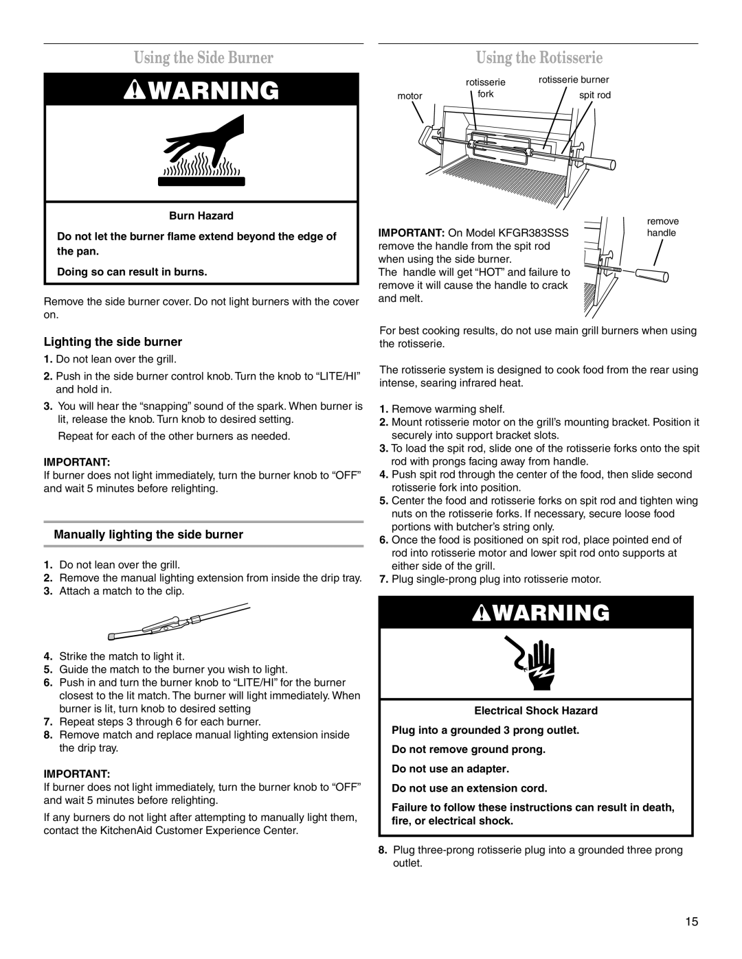 KitchenAid KFGR383SSS, KFGR361SSS, KFGR271SSS Using the Side Burner, Using the Rotisserie, Lighting the side burner 